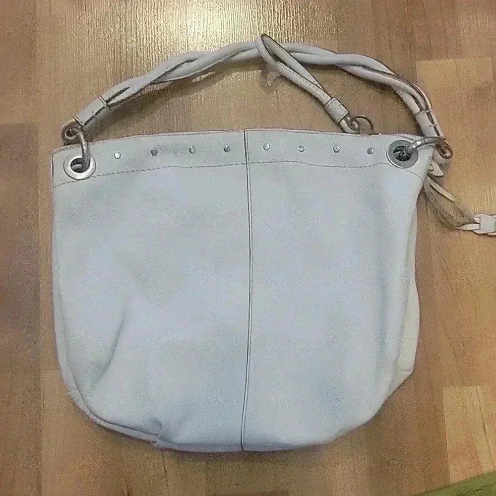 Fossil Hobo Bag Braided Handle Metallic Studs Grommets Genuine Leather Cream